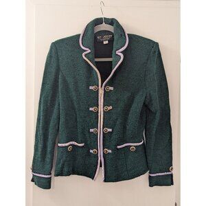 St. John Collection Green Knit Jacket With Gold Buttons & Lilac Trim Sz 6